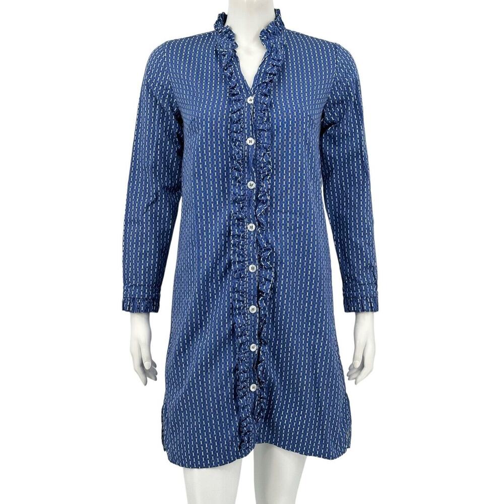 Kayce Hughes Dress Womens 2 Button‎ Up V-Neck Blue 100% Cotton Ruffles Feminine